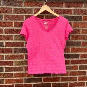 OP Pink Striped Short Sleeve V Neck Tee Shirt Top